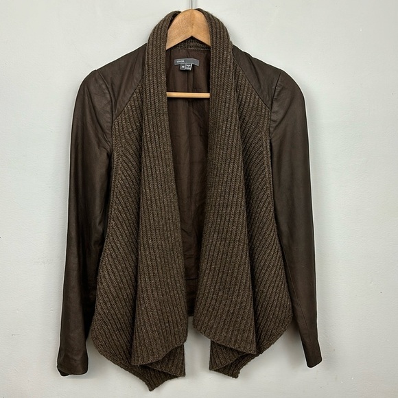 Vince Brown Leather Yak Wool Knit Draped Waterfall Open Front Jacket Sz XS - Picture 3 of 14